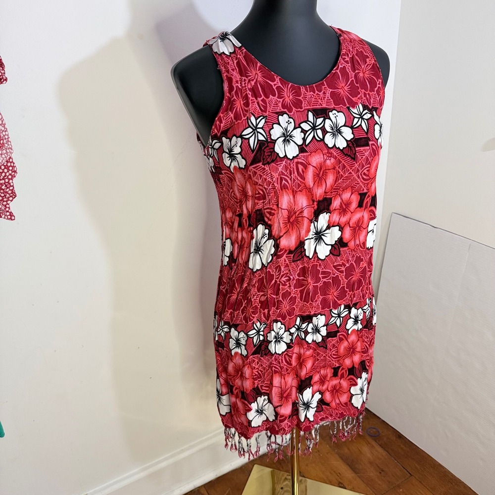 Vintage In Gear Tropical Hibiscus Mini Dress Womens Small Red Floral with Fringe